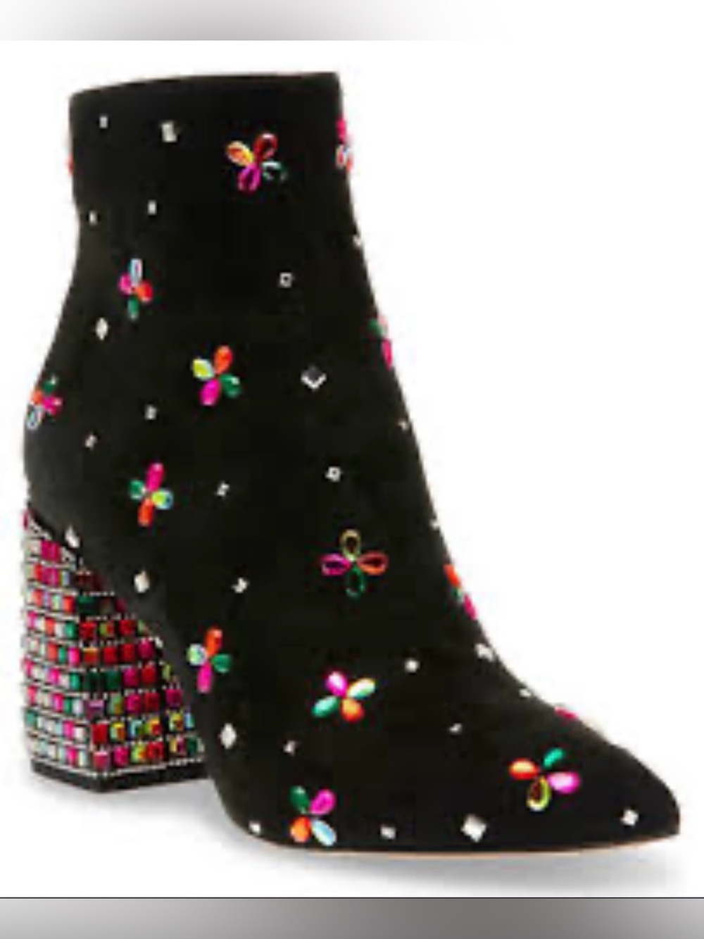 Betsey Johnson NWT Sz 6.5 Black Suede Ankle Boots Multicolor Gem (SH450)